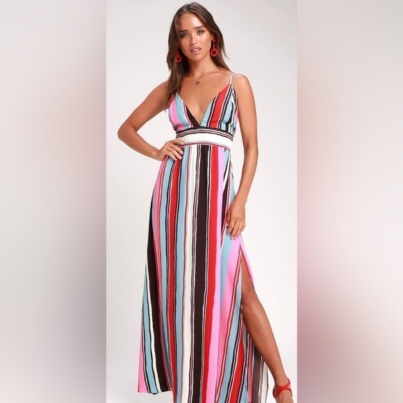 Lulu’s Andi Pink and Light Blue Multi Stripe Sleeveless Maxi Dress - Picture 1 of 9